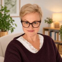 Psychoterapeutka Centrum Psychoterapii W Pełni w Szczecinie, uśmiechnięta kobieta z krótkimi blond włosami i w okularach, na tle przytulnego gabinetu.
